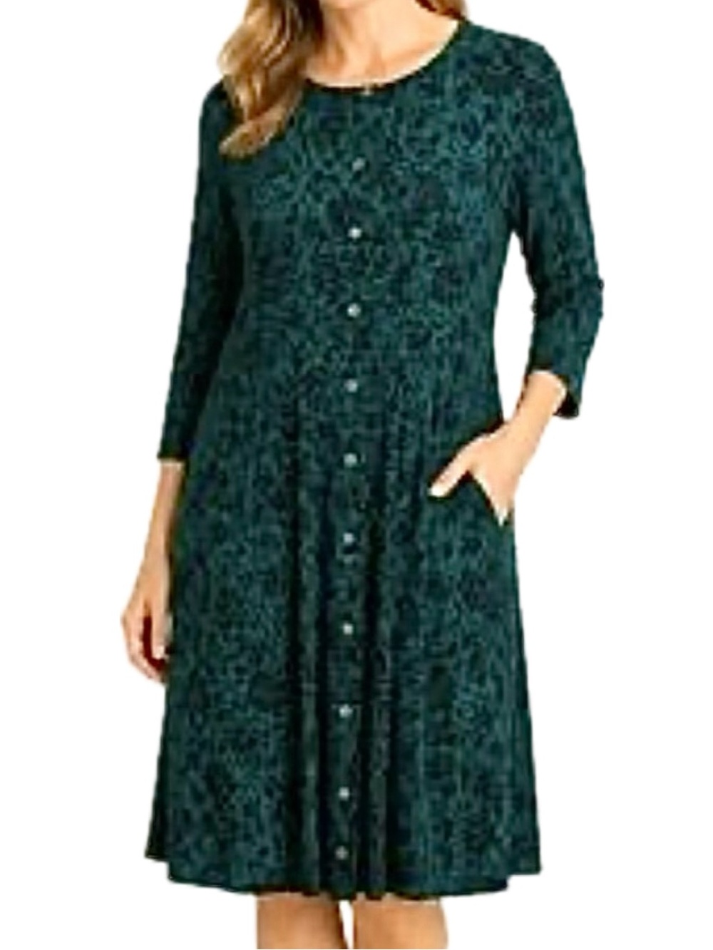 J. Jill Floral Button Down Midi Dress Size XS 3/4 Sleeve Dark Green Crew Pockets